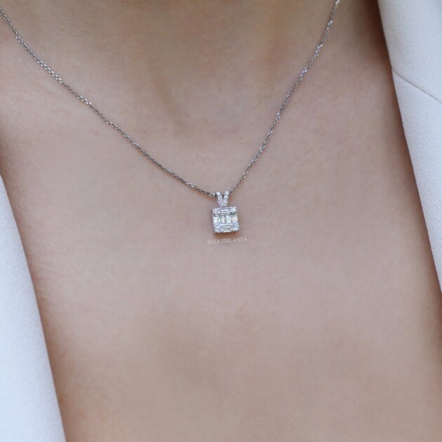 0.35 Karat Pırlanta Kare Baget Kolye - 2