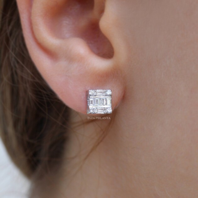 0.40 Karat Pırlanta Kare Baget Küpe - 2