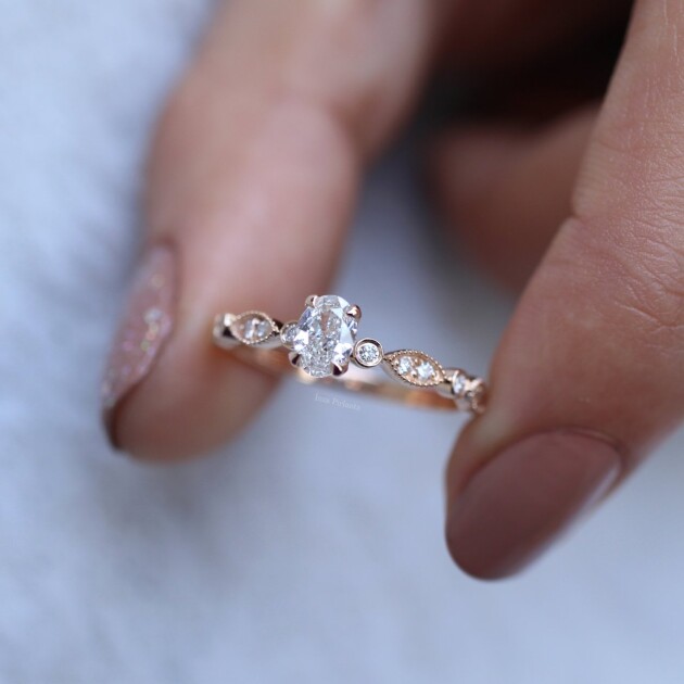 0.42 Karat Vintage Özel Tasarım Oval Pırlanta Tektaş Yüzük - 1