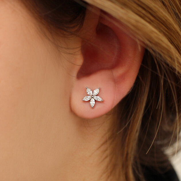 0.50 Karat Pırlanta Markiz Çiçek Küpe - 1