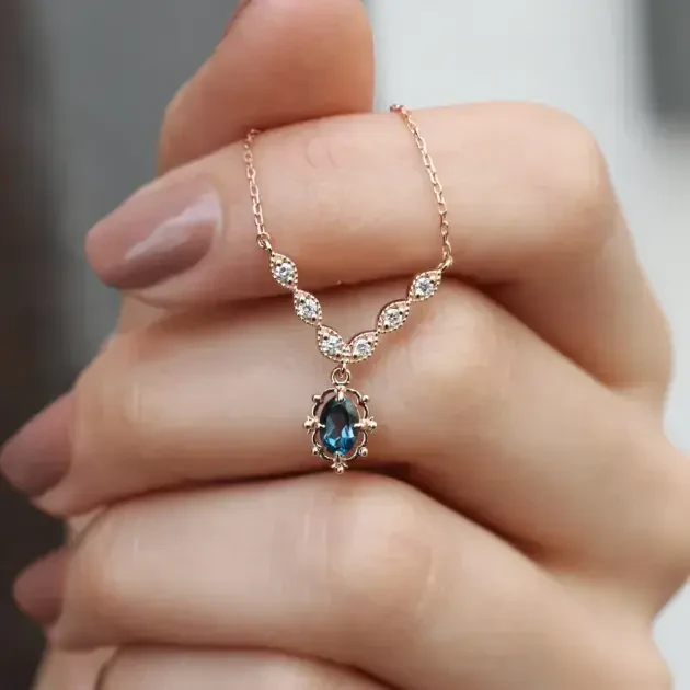 Vintage Aria London Blue & Pırlanta Kolye - 