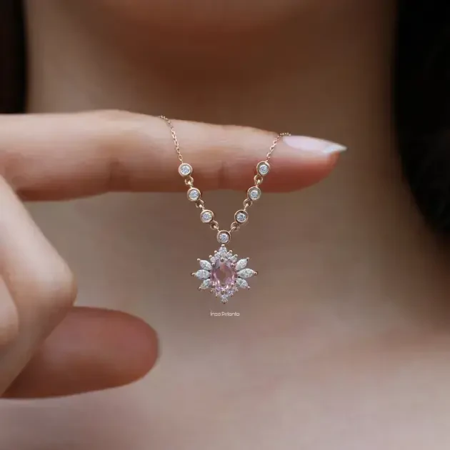 Vintage Artemis Morganite & Pırlanta Kolye - 