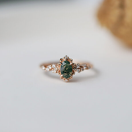 Vintage Emma Moss Agate & Asimetri Pırlanta Yüzük - 