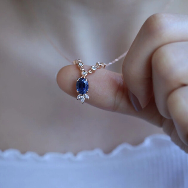 Vintage Lotus Blue Topaz & Pırlanta Kolye - 