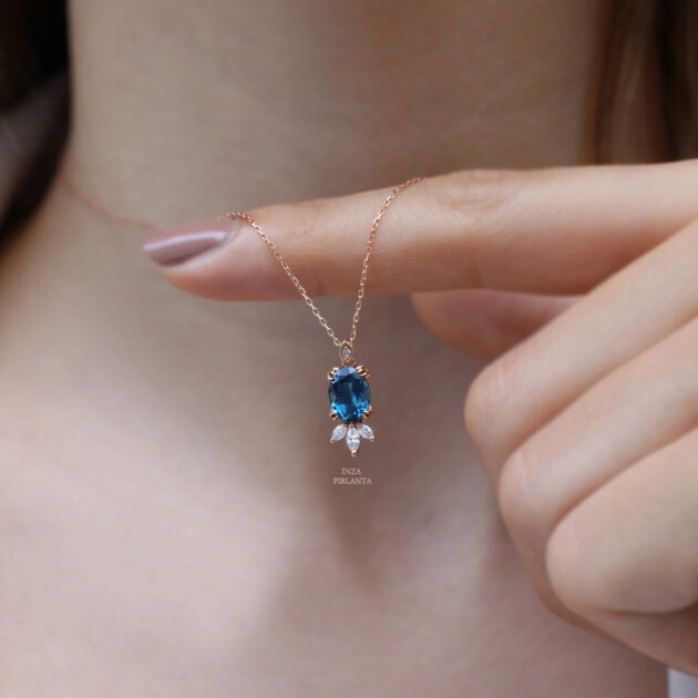 Vintage Lotus London Blue & Pırlanta Kolye - 