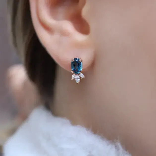 Vintage Lotus London Blue & Pırlanta Küpe - 