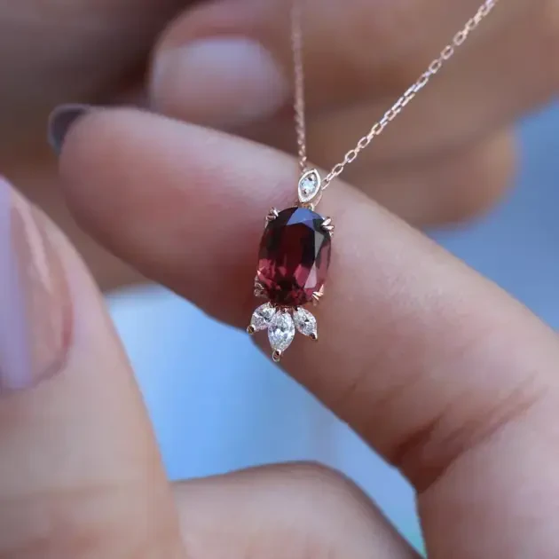 Vintage Lotus Pembe Turmalin & Pırlanta Kolye - 