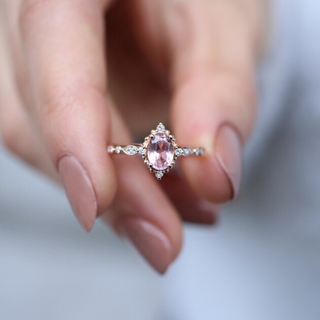 Vintage Mini Selius Morganite & Pırlanta Yüzük - 1