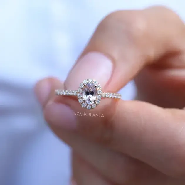 Vintage Oval Morganite & Pırlanta Tektaş Yüzük - 