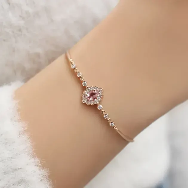 Vintage Özel Tasarım Venice Pembe Turmalin & Pırlanta Bileklik - 