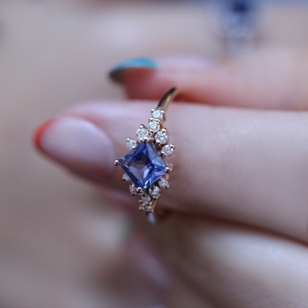 Vintage Prenses Blue Topaz & Pırlanta Yüzük - 1