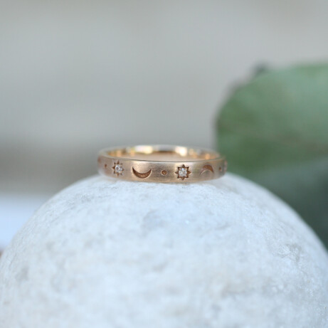 14 Ayar Altın Vintage Tasarım Ay & Güneş Alyans - 